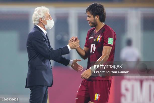 Jose Pekerman coach of Venezuela shakes hands with Telasco Segovia of Venezuela after a match between Venezuela and Bolivia as part of FIFA World Cup...