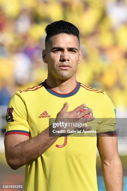 Radamel Falcao of Colombia stands for the national anthem prior to a match between Colombia and Peru as part of FIFA World Cup Qatar 2022 Qualifiers...