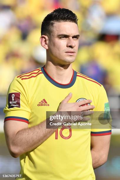 Rafael Santos Borre of Colombia stands for the national anthem prior to a match between Colombia and Peru as part of FIFA World Cup Qatar 2022...