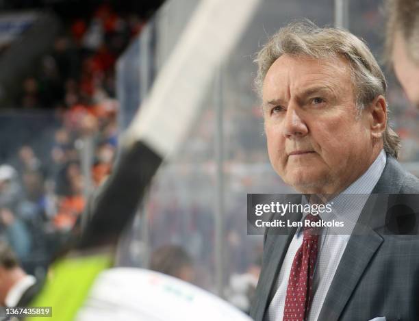 Head Coach of the Dallas Stars Rick Bowness watches game action during the first period against the Philadelphia Flyers at the Wells Fargo Center on...