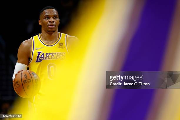 Russell Westbrook of the Los Angeles Lakers brings the ball up court during the first half of the game against the Charlotte Hornets at Spectrum...