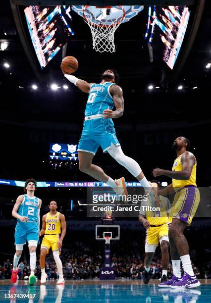 Miles Bridges of the Charlotte Hornets dunks the ball during the first half of the game against the Los Angeles Lakers at Spectrum Center on January...