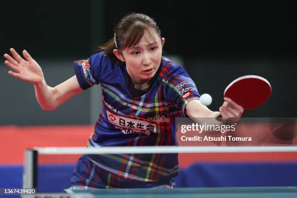 Hina Hayata of Japan competes in the Women's singles quarter final match on day six of the All Japan Table Tennis Championships at Tokyo Metropolitan...