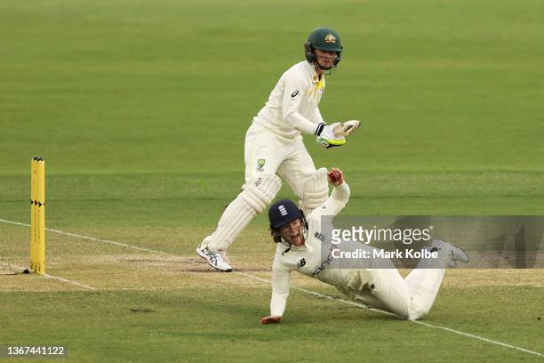 Rachael Haynes of Australia watches on as she is caught by Tammy Beaumont of England during day three of the Women's Test match in the Ashes series...