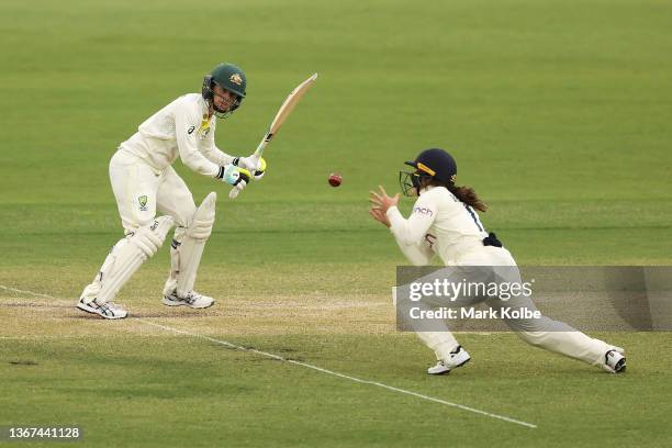 Rachael Haynes of Australia watches on as she is caught by Tammy Beaumont of England during day three of the Women's Test match in the Ashes series...