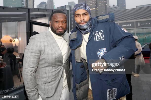 Cent and Dave East attend a screening of "Power Book IV Force" at Rooftop At Pier 17 on January 28, 2022 in New York City.