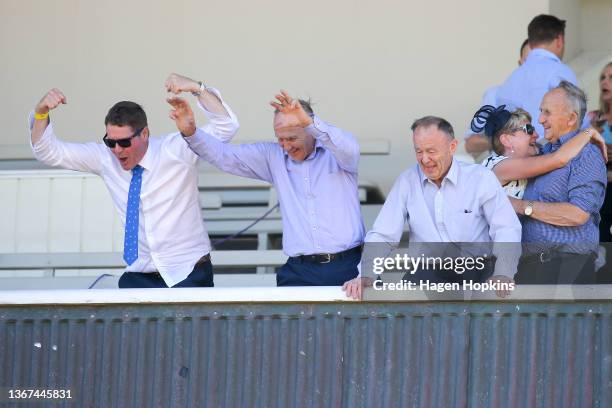 Connections of The Chosen One celebrate after winning the Harcourts Thorndon Mile during Wellington Cup Day at Trentham on January 29, 2022 in...