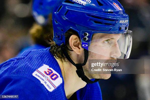 View of the Henrik Lundqvist shoulder patch dedicated to his retirement night worn by Jacob Trouba of the New York Rangers during the third period...