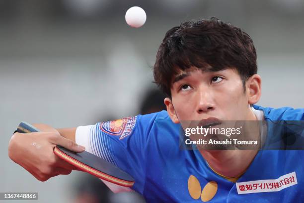 Maharu Yoshimura of Japan competes in the Men's singles quarter final match on day six of the All Japan Table Tennis Championships at Tokyo...