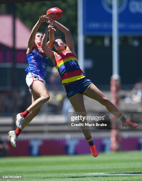 Gabrielle Colvin of the Demons competes with Caitlin Gould of the Adelaide Crows during the round four AFLW match between the Adelaide Crows and the...