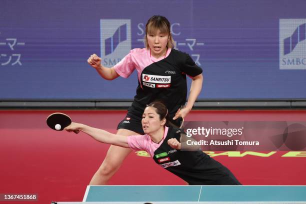 Takako Nagao and Yurika Nanba compete against Mima Ito and Hina Hayata of Japan of Japan in the Women's doubles semi final match on day six of the...