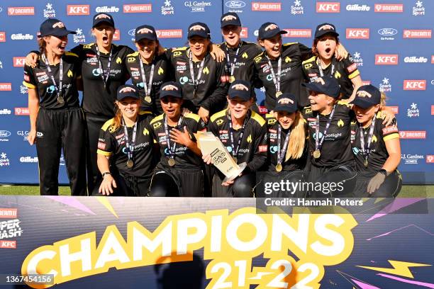 The Wellington Blaze celebrate after winning the Super Smash domestic cricket Twenty20 final between the Wellington Blaze the Otago Sparks at Seddon...