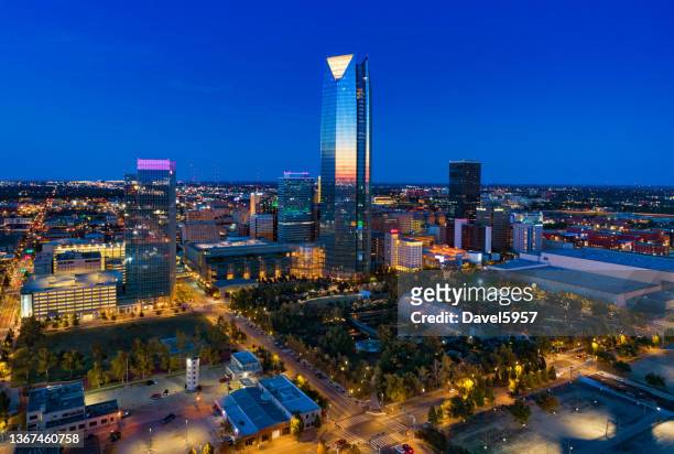 oklahoma city skyline aerial view at dusk with botanical gardens - oklahoma stock pictures, royalty-free photos & images