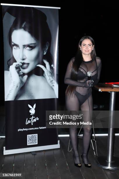 Celia Lora poses for photo during a press conference at Habita Hotel on January 28, 2022 in Mexico City, Mexico.