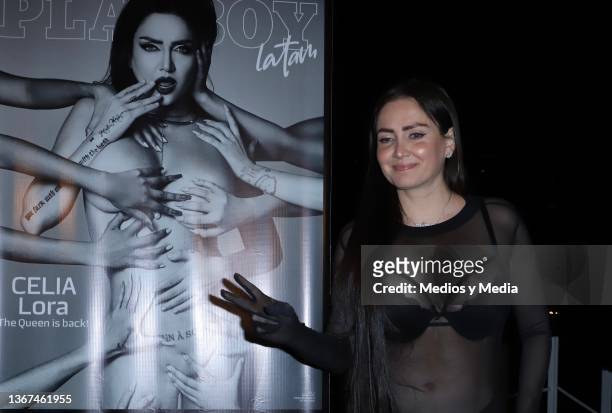 Celia Lora poses for photo during a press conference at Habita Hotel on January 28, 2022 in Mexico City, Mexico.
