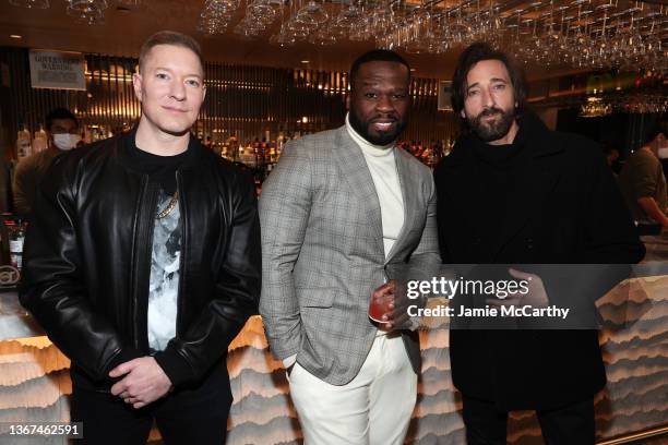 Joseph Sikora, Curtis “50 Cent” Jackson and Adrien Brody attend the Power Book IV: Force Premiere at Pier 17 Rooftop on January 28, 2022 in New York...