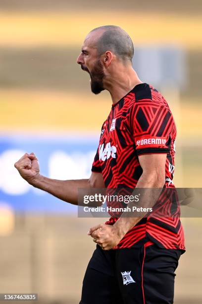 Daryl Mitchell of the Canterbury Kings celebrates the wicket of Katene Clarke of the Northern Brave during the Super Smash domestic cricket Twenty20...