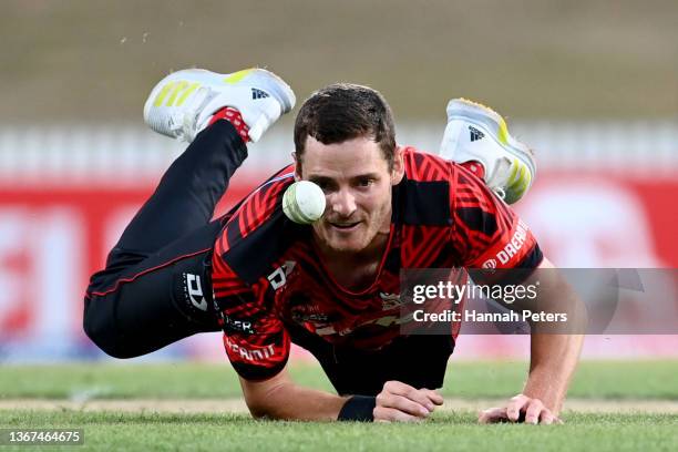 Edward Nuttall of the Canterbury Kings drops a catch during the Super Smash domestic cricket Twenty20 mens final between the Northern Brave and the...