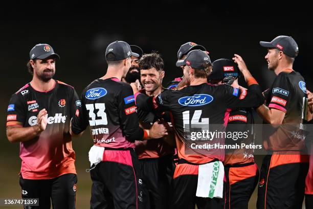 Joe Walker of the Northern Brave celebrates the wicket of Leo Carter of the Canterbury Kings during the Super Smash domestic cricket Twenty20 mens...