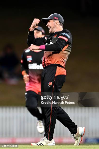 Joe Walker of the Northern Brave celebrates the wicket of Cam Fletcher of the Canterbury Kings during the Super Smash domestic cricket Twenty20 mens...