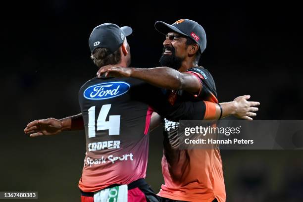 Ish Sodhi of the Northern Brave celebrates with Henry Cooper after winning the Super Smash domestic cricket Twenty20 mens final between the Northern...