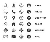 Vector set of business card icons. Contains icons name, phone, location, place, website, mail.