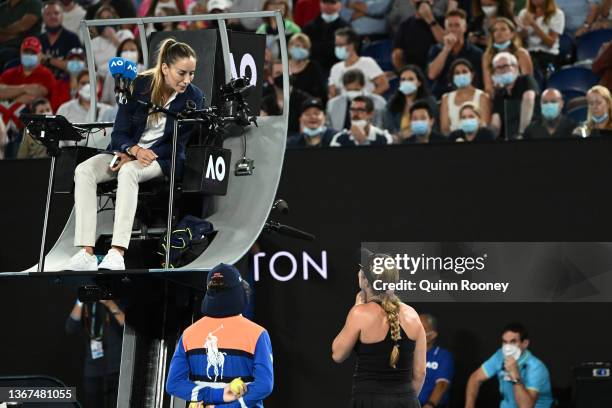 Danielle Collins of United States speaks to chair umpire Marijana Veljovic during her Women's Singles Final match against Ashleigh Barty of Australia...