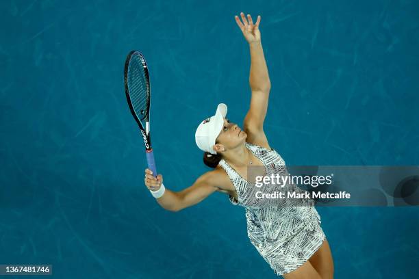 Ashleigh Barty of Australia serves in her Women's Singles Final match against Danielle Collins of United States during day 13 of the 2022 Australian...