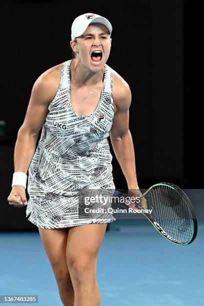 Ashleigh Barty of Australia celebrates match point in her Women’s Singles Final match against Danielle Collins of United States during day 13 of the...