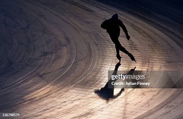 Speed Skater in action at the Skating Oval during previews to the Winter Youth Olympic Games on January 11, 2012 in Innsbruck, Austria.