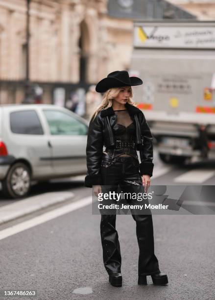 Fashion Week Guest is seen outside Jean Paul Gaultier during Paris Fashion Week Haute Couture Spring/Summer 2022 on January 26, 2022 in Paris, France.
