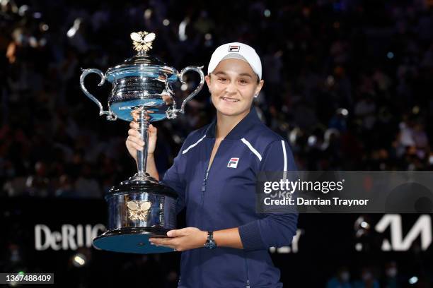Ashleigh Barty of Australia kisses the Daphne Akhurst Memorial Cup after winning her Women’s Singles Final match against Danielle Collins of United...