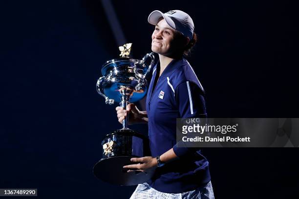 Ashleigh Barty of Australia poses with the Daphne Akhurst Memorial Cup after winning her Women’s Singles Final match against Danielle Collins of...
