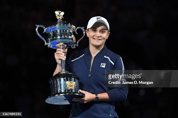 Ashleigh Barty of Australia with the Daphne Akhurst Memorial Cup after winning her Women’s Singles Final match against Danielle Collins of United...