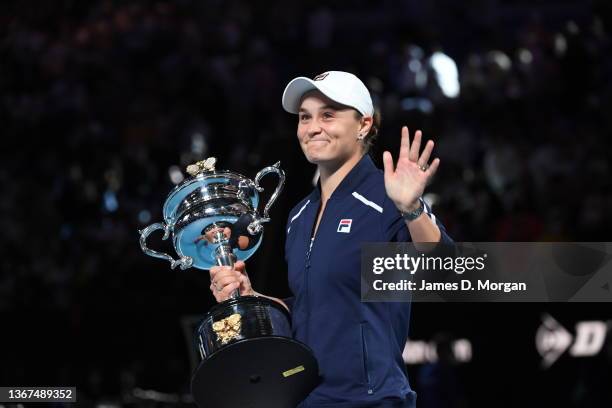 Ashleigh Barty of Australia with the Daphne Akhurst Memorial Cup after winning her Women’s Singles Final match against Danielle Collins of United...