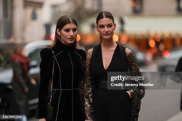 Valery Kaufman and Ophelie Guillermand are seen outside Elie Saab during Paris Fashion Week Haute Couture Spring/Summer 2022 on January 26, 2022 in...