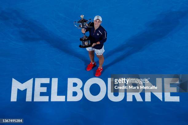 Ashleigh Barty of Australia poses with the Daphne Akhurst Memorial Cup after winning her Women’s Singles Final match against Danielle Collins of...