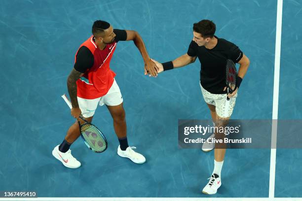 Nick Kyrgios of Australia and Thanasi Kokkinakis of Australia celebrate a point in their Men's Doubles Final match against Matthew Ebden of Australia...