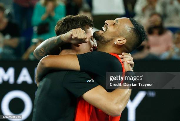 Nick Kyrgios of Australia and Thanasi Kokkinakis of Australia celebrate match point in their Men's Doubles Final match against Matthew Ebden of...
