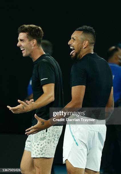 Nick Kyrgios of Australia and Thanasi Kokkinakis of Australia celebrate match point in their Men's Doubles Final match against Matthew Ebden of...