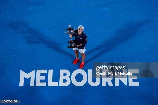 Ashleigh Barty of Australia poses with the Daphne Akhurst Memorial Cup after winning her Women’s Singles Final match against Danielle Collins of...