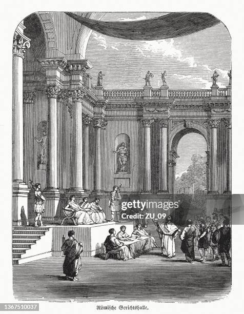 stockillustraties, clipart, cartoons en iconen met ancient roman court hall, wood engraving, published in 1862 - rechter