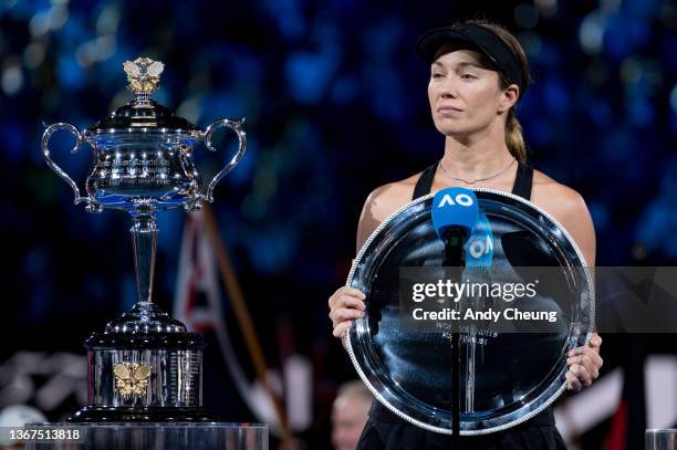 Danielle Collins of United States poses with the runner's'up trophy during the trophy presentation for the Women’s Singles Final match played against...