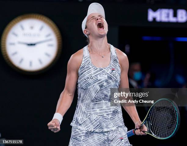 Ashleigh Barty of Australia celebrates match point in her Women’s Singles Final match against Danielle Collins of United States during day 13 of the...