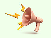 Marketing or advertising concept, 3d megaphone loudspeaker with yellow lightnings.