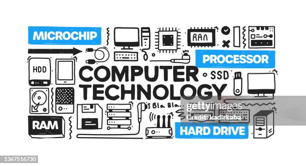 computer technology object and elements. vector doodle illustration collection. hand drawn icon set or banner template - external hard disk drive stock illustrations