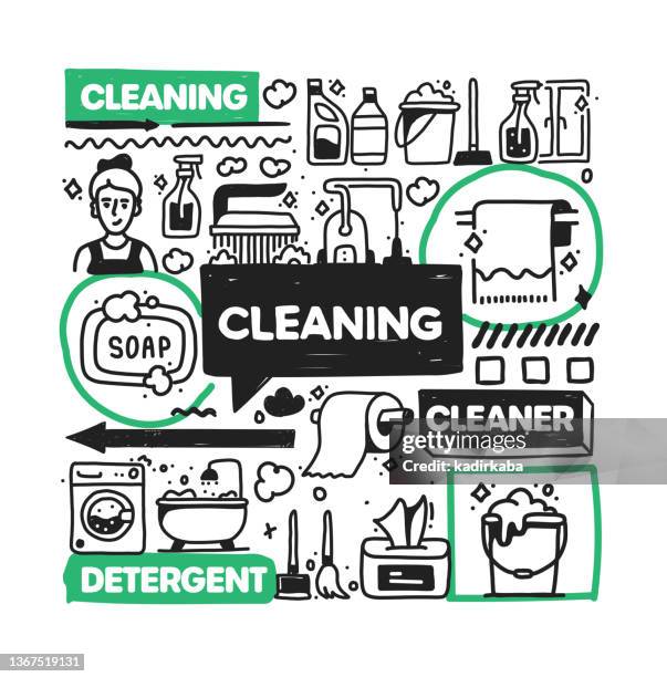 cleaning object and elements. vector doodle illustration collection. hand drawn icon set or banner template - washing dishes vector stock illustrations