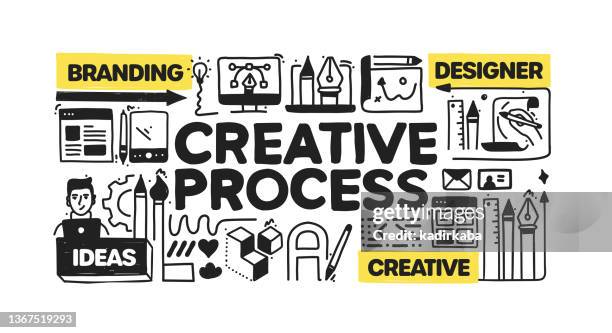 creative process object and elements. vector doodle illustration collection. hand drawn icon set or banner template - web designer logo stock illustrations
