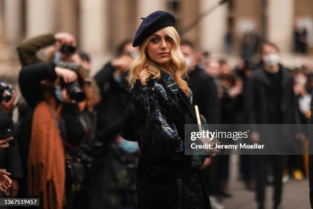 Miriam Leone is wearing a black outfit outside Fendi, during Paris Fashion Week - Haute Couture Spring/Summer 2022 on January 27, 2022 in Paris,...