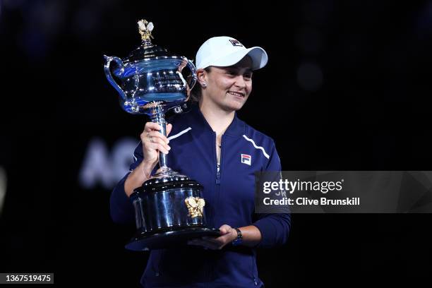 Ashleigh Barty of Australia poses with the Daphne Akhurst Memorial Cup after winning her Women’s Singles Final match against Danielle Collins of...